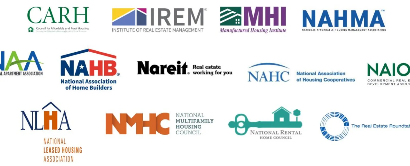 Logos of major affordable housing and real estate industry associations and councils grouped together.