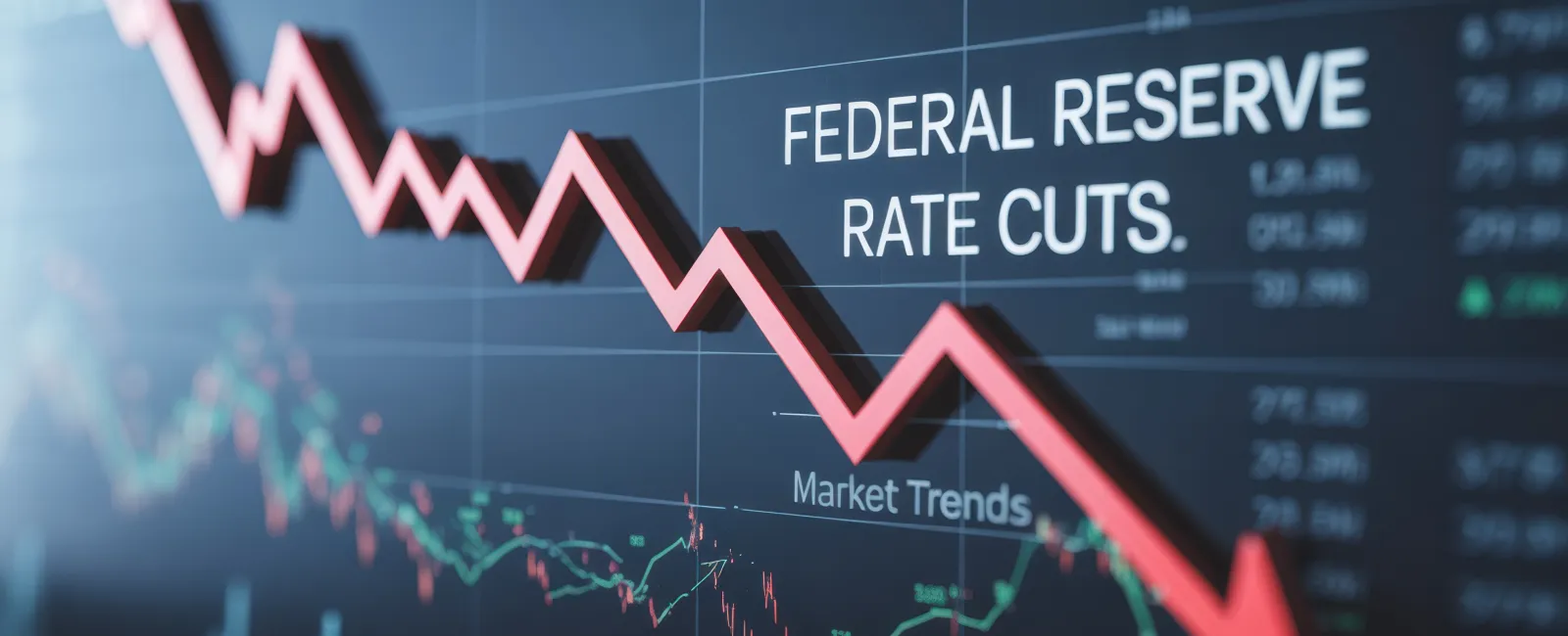Red downward arrow on stock graph indicating Federal Reserve rate cuts and market trends decline.
