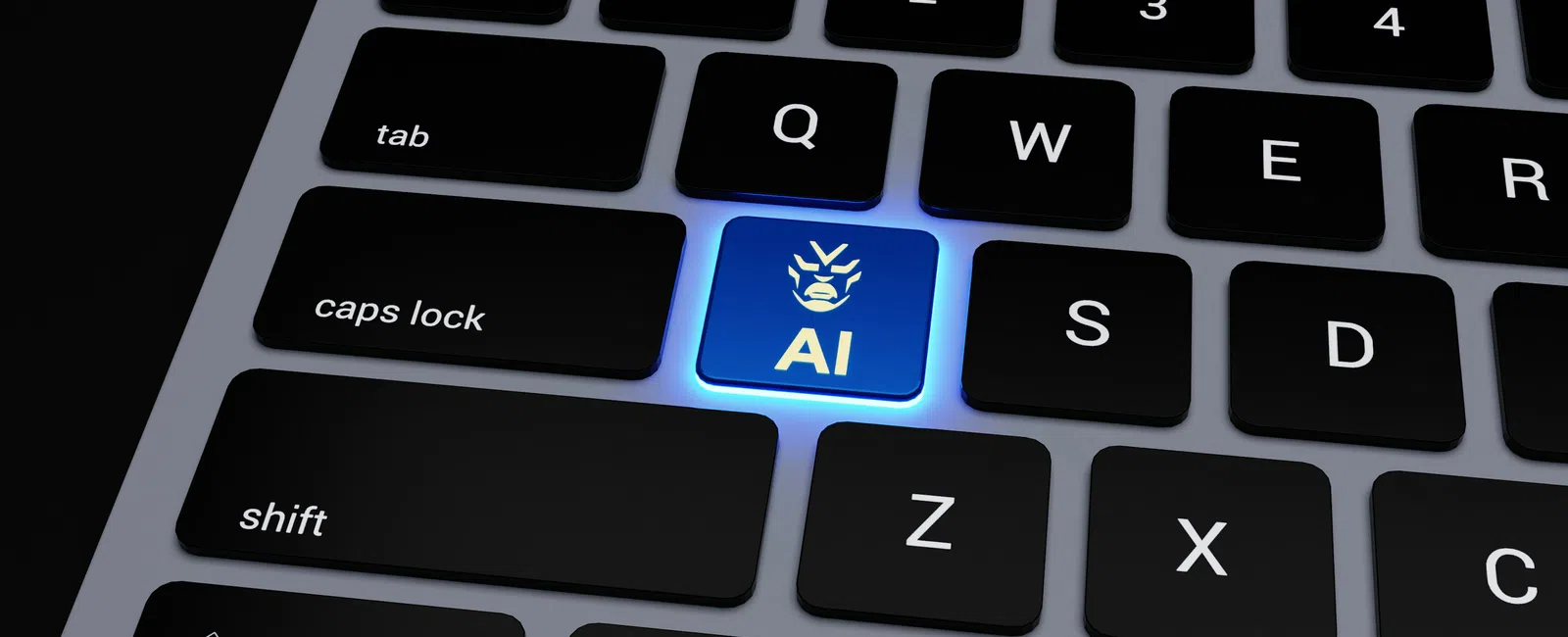 Close-up of black keyboard featuring a glowing blue AI key with a robotic face icon.