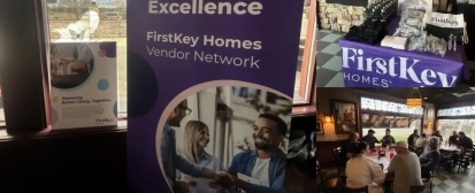 FirstKey Homes vendor event banner and networking with vendors in a restaurant setting, promoting excellence and collaboration.