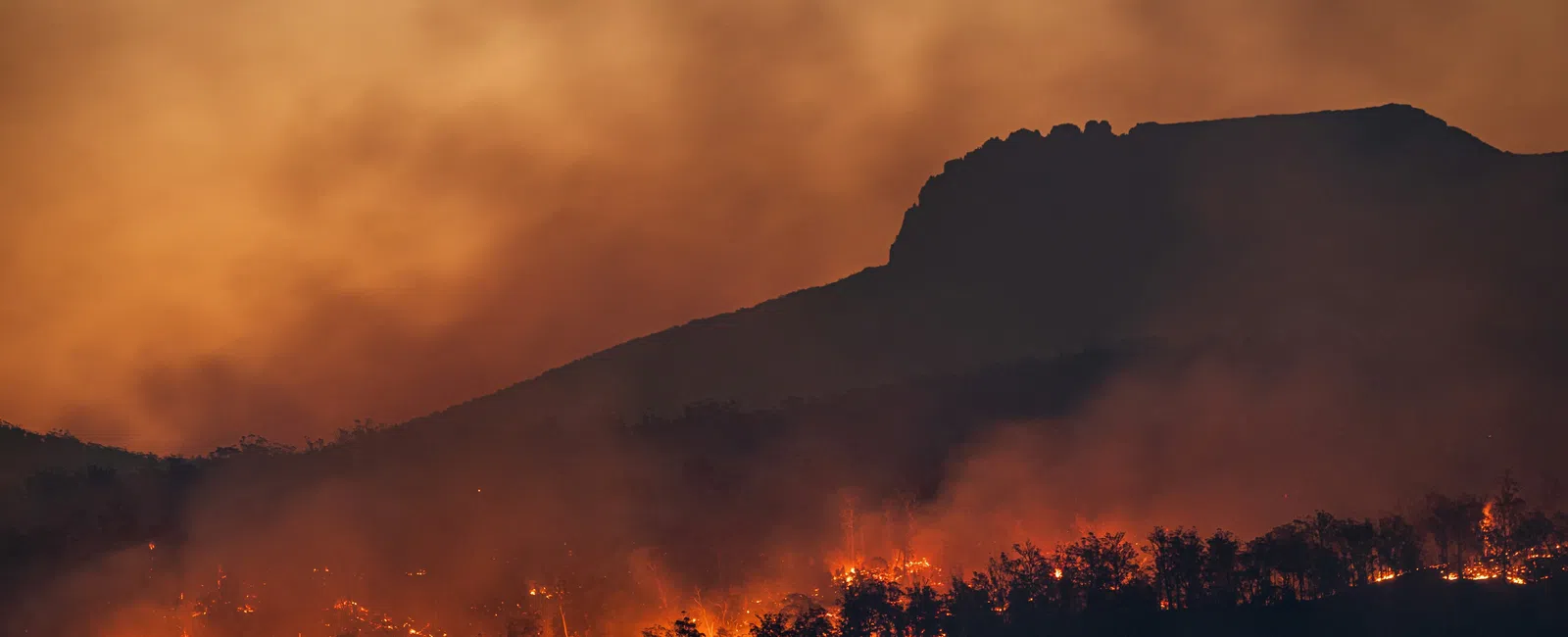 Wildfire burning through forest at sunset with thick smoke and dark mountainous silhouette in background