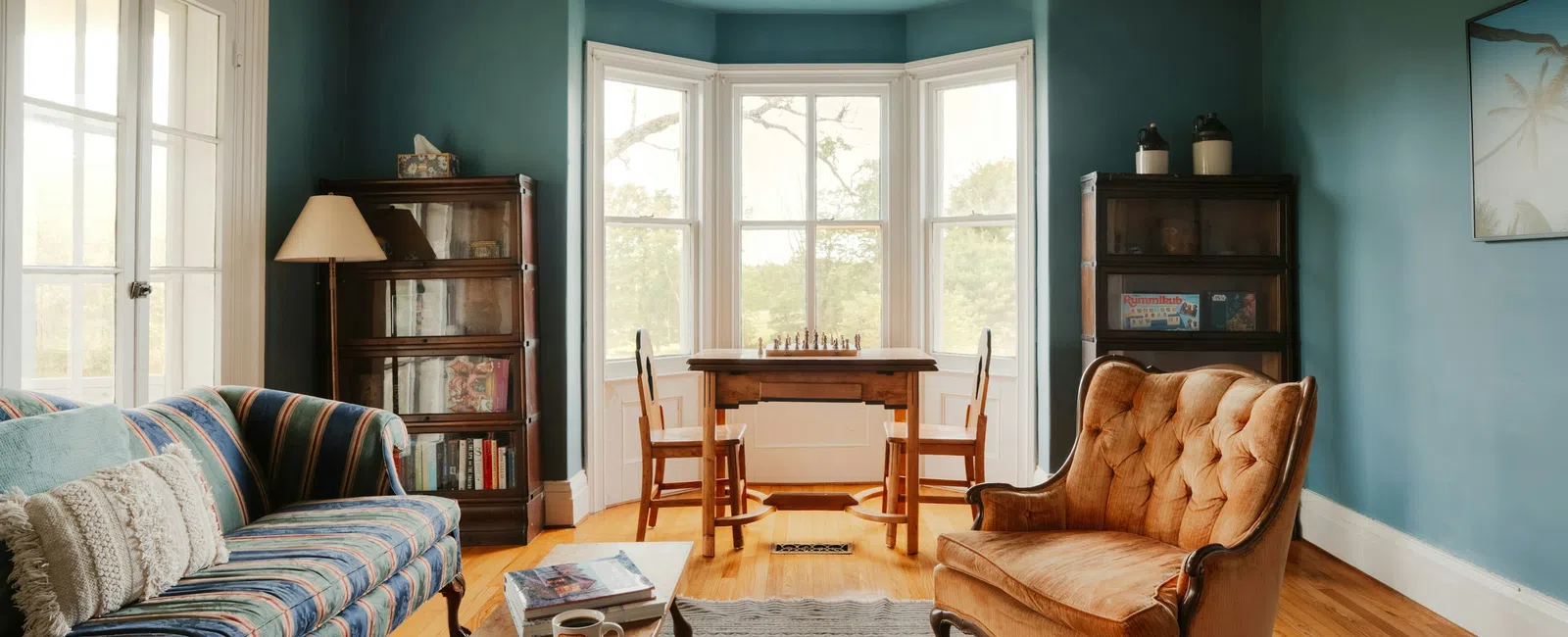 Cozy living room with teal walls, striped sofa, antique chair, wooden coffee table, and bay window with chess set.