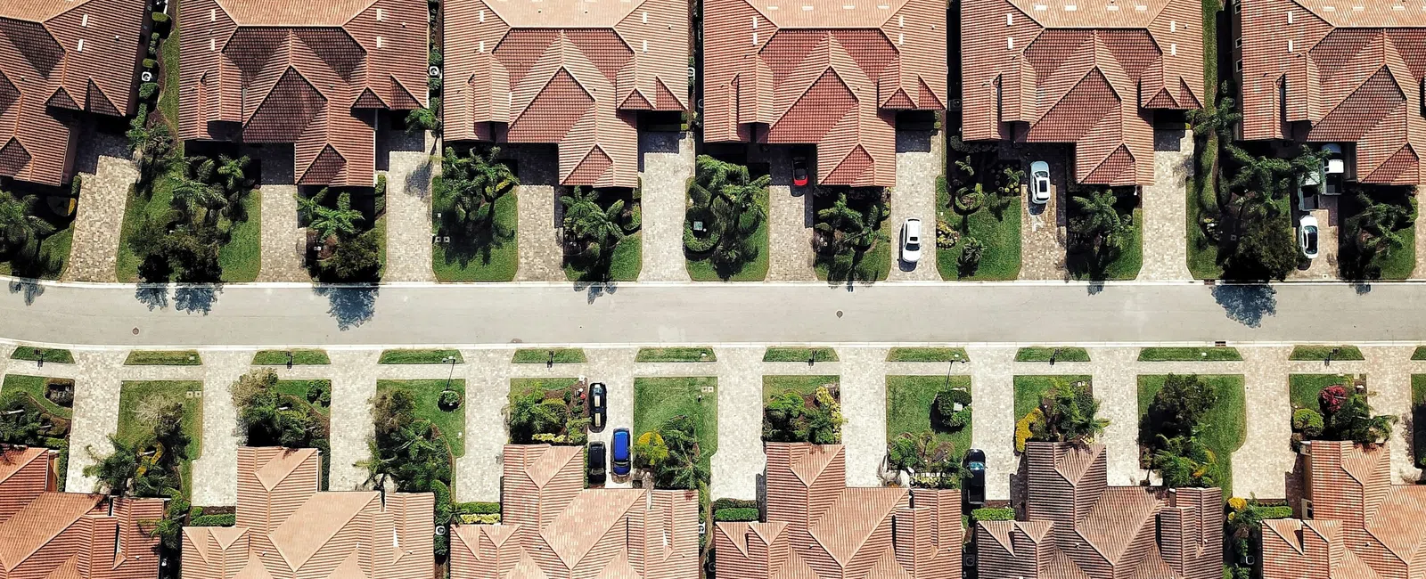 Aerial view of suburban neighborhood with rows of houses, driveways, lawns, and parked cars on sunny day.