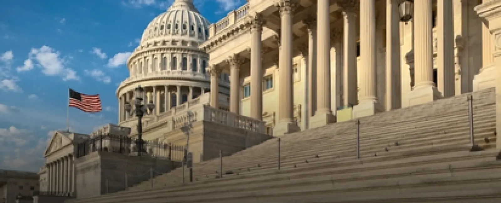 United States Capitol building with columns, steps, and American flag against a blue sky.