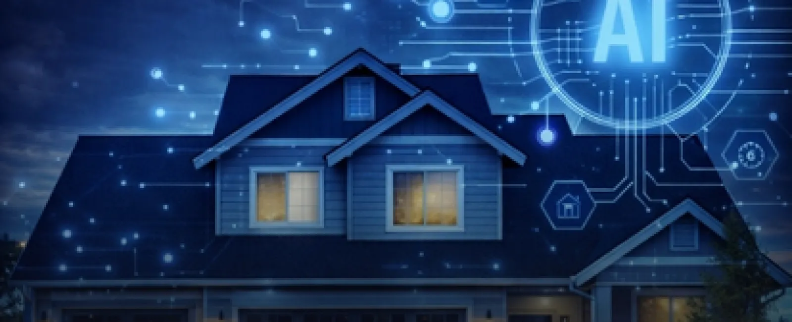 Modern house at night with glowing AI digital network elements illustrating smart home technology.