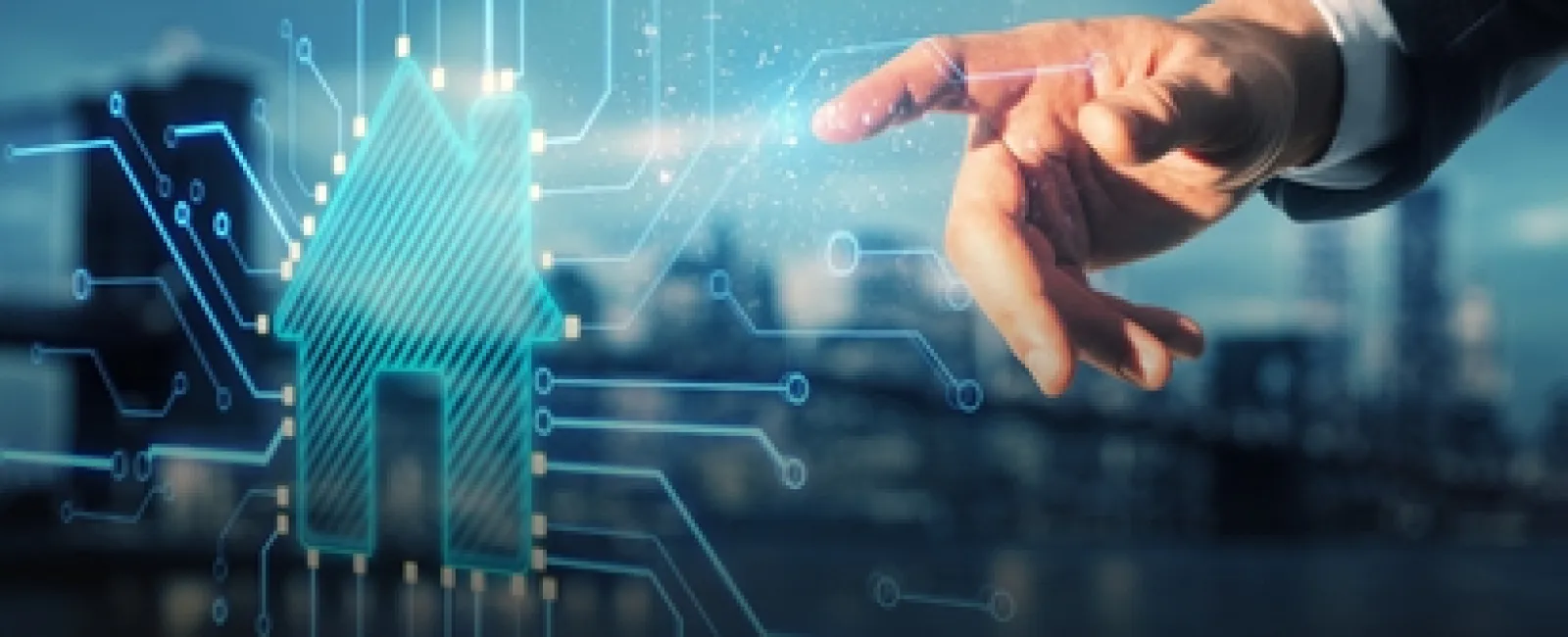 Businessman hand interacting with digital house icon representing smart home technology and connectivity