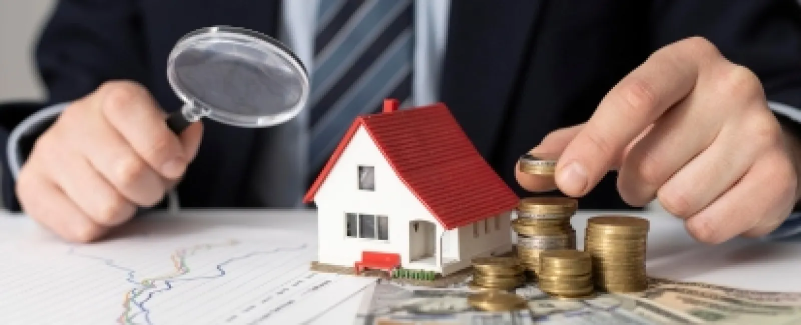 Person in suit examines house model and stacks of coins with magnifying glass over financial charts and cash.