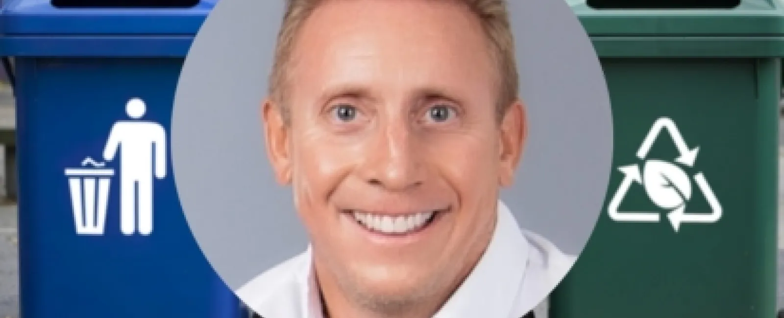 Smiling man portrait overlayed on blue trash bin and green recycling bin outdoors with trees and purple wall.