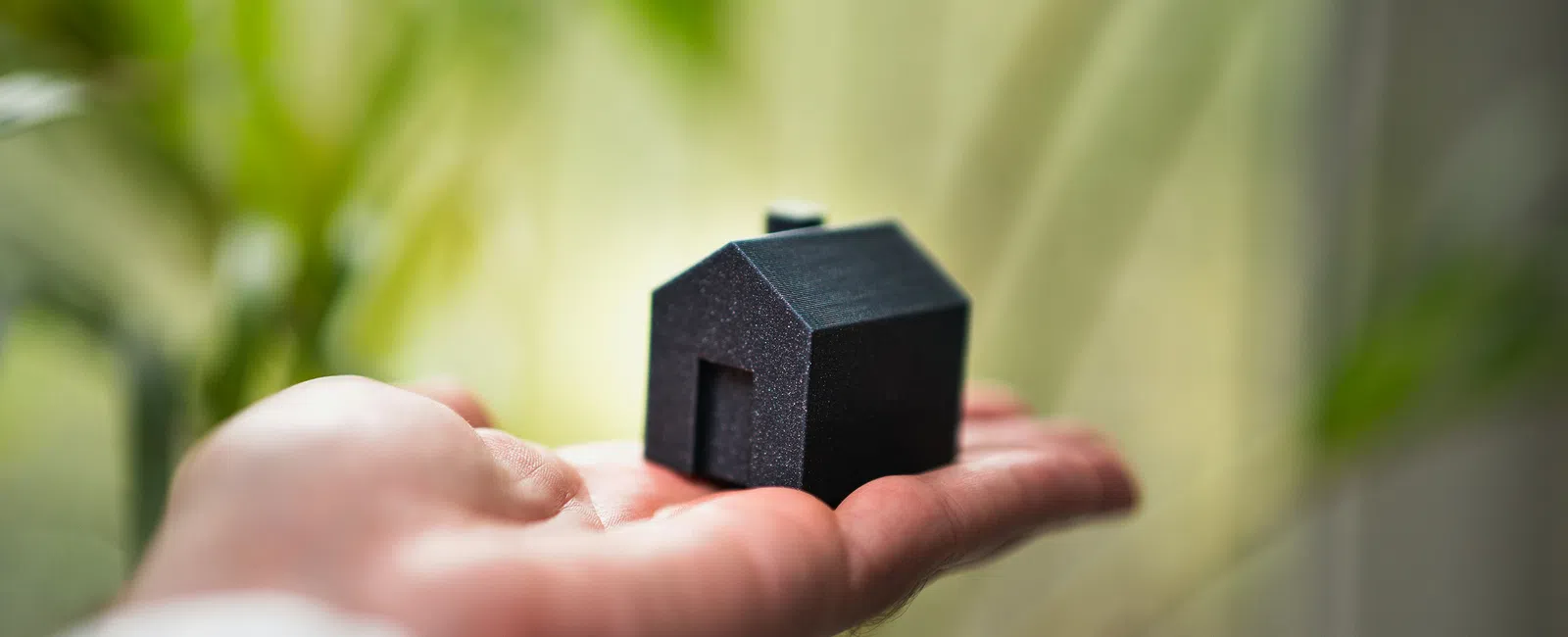 Hand holding a small black house model with blurred green plants in the background.