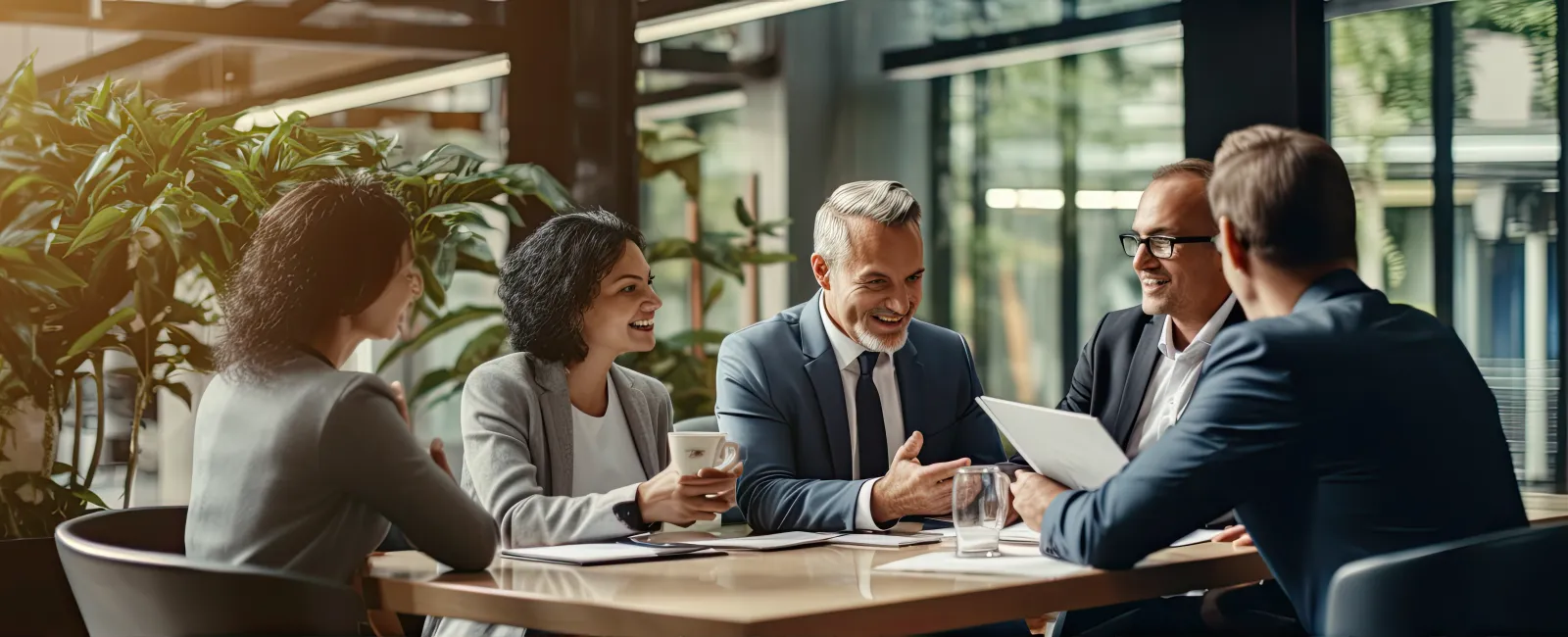 Business team in formal attire having a lively meeting around a table with documents and coffee in a modern office.