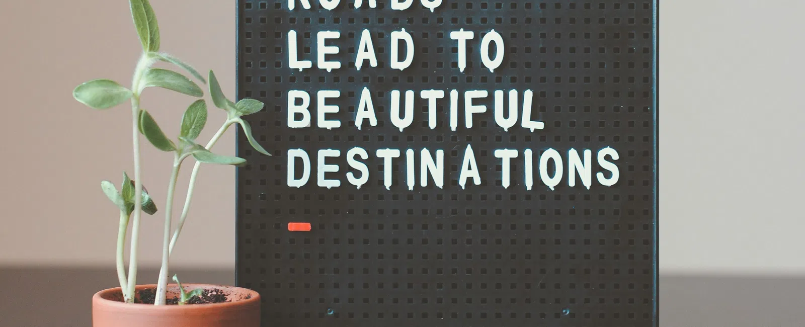 Black pegboard with white letters displaying inspirational quote beside a small potted plant on a dark table.