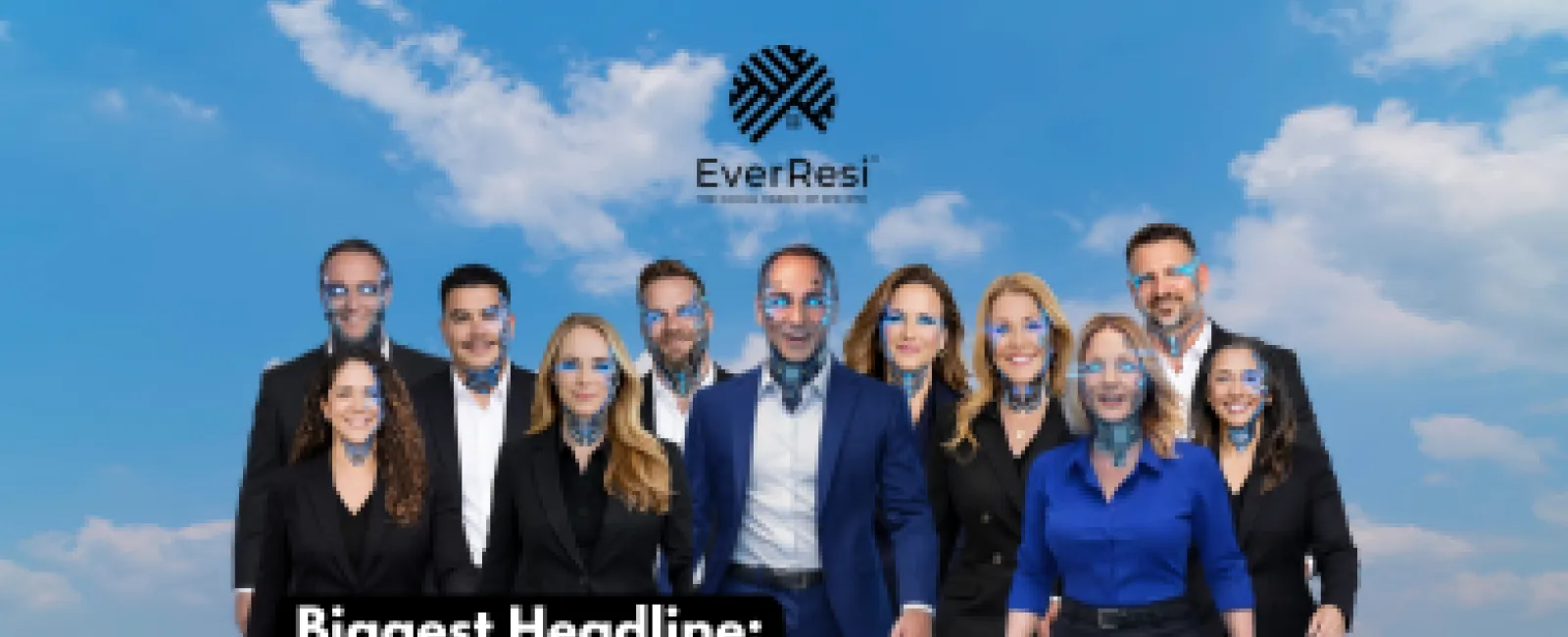Group of business professionals with digital AI effects on faces walking confidently under EverResi logo and podcast AI headline.