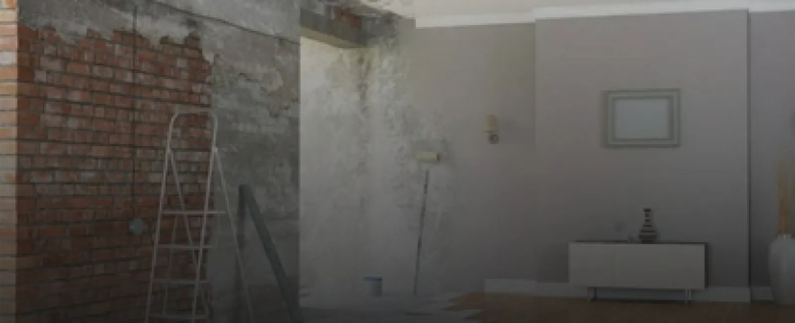 Half renovated living room showing exposed brick wall and concrete ceiling transitioning into a modern finished area.