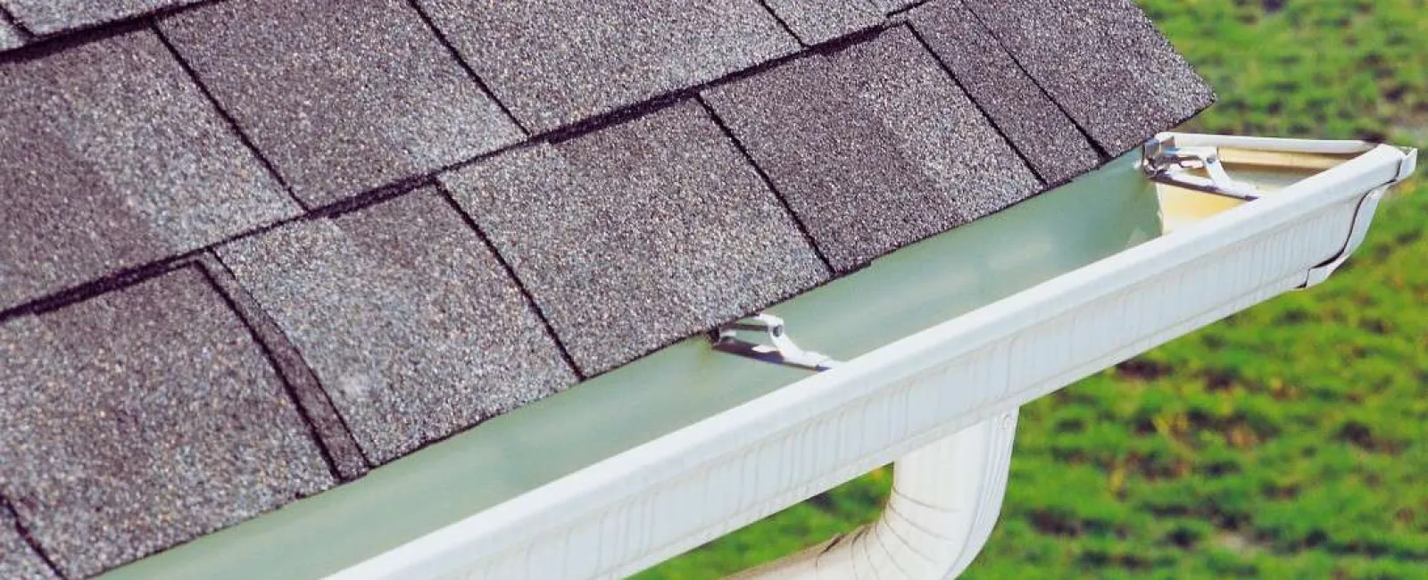 Close-up of a house roof with asphalt shingles and a white rain gutter against a green lawn background