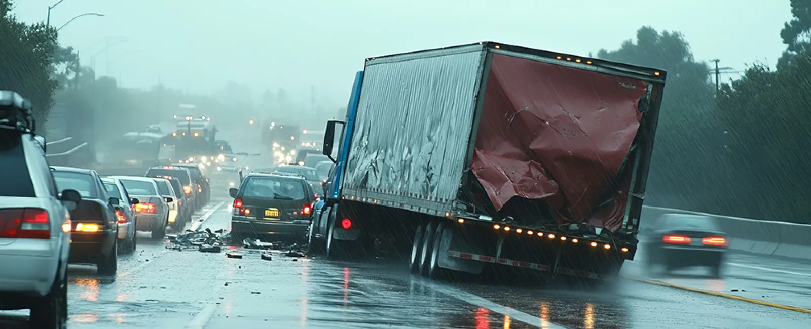 Damaged semi truck on wet road causing traffic jam in heavy rain and poor visibility conditions.