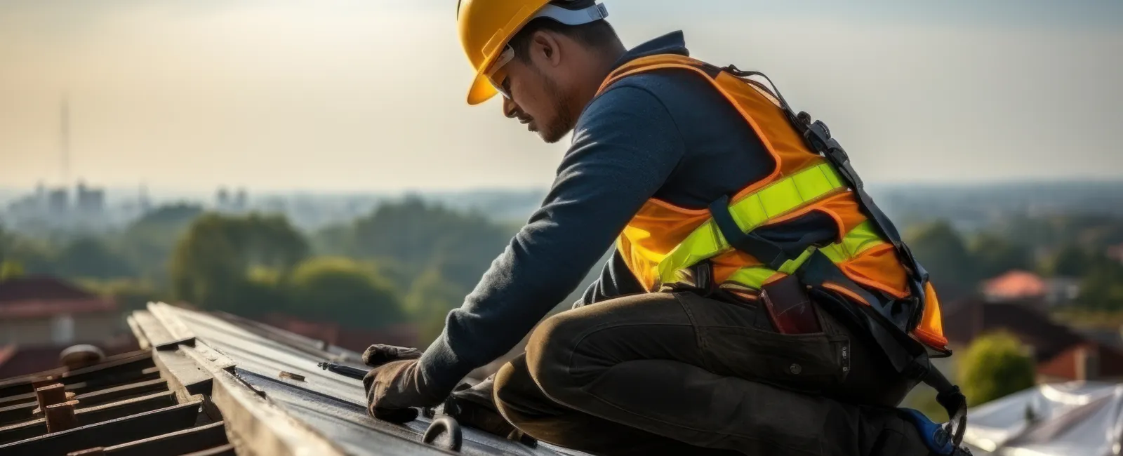 a man wearing a hard hat and working on a roof
