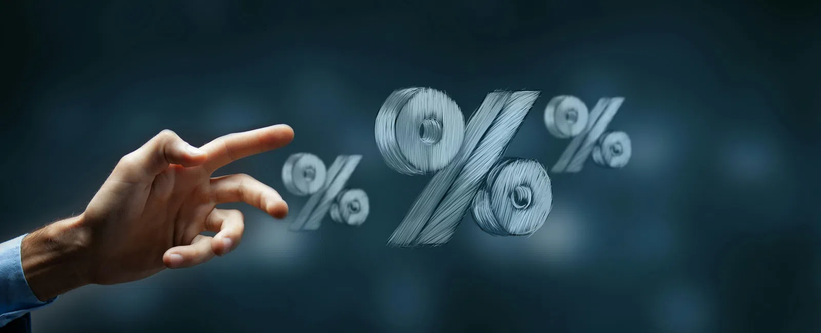 Hand pointing at floating percentage symbols representing finance, interest rates, and discounts in blue tones.
