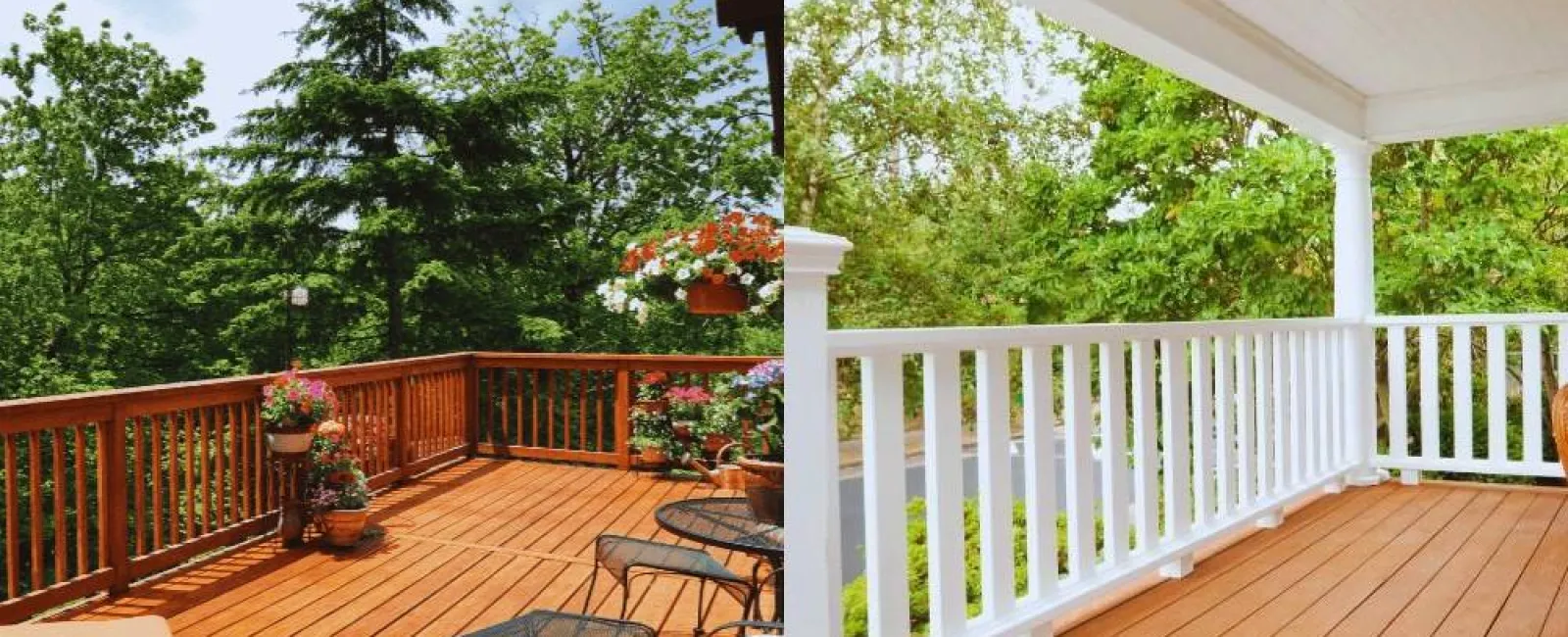 Two wooden decks with outdoor furniture and white railing surrounded by green trees under blue sky.