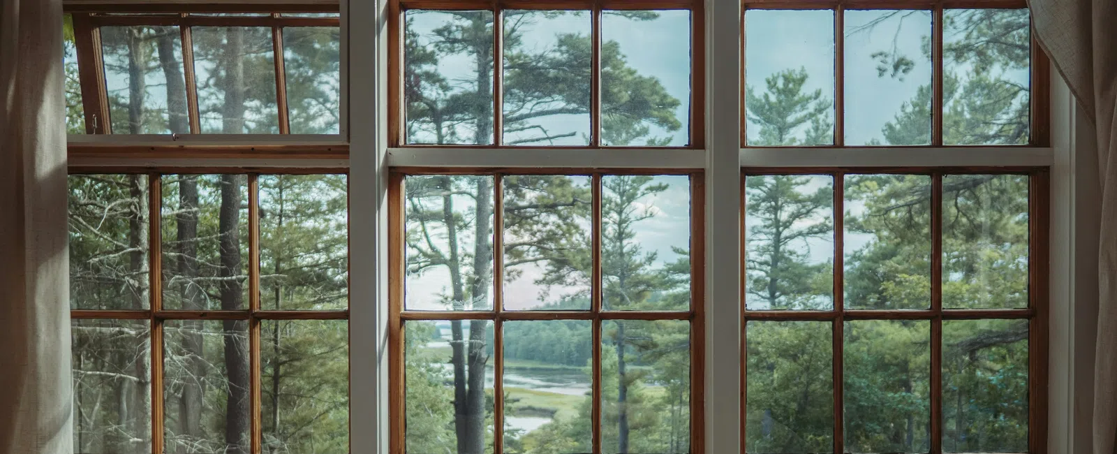 View of tall pine trees and a river seen through large wooden framed window panes with curtains.