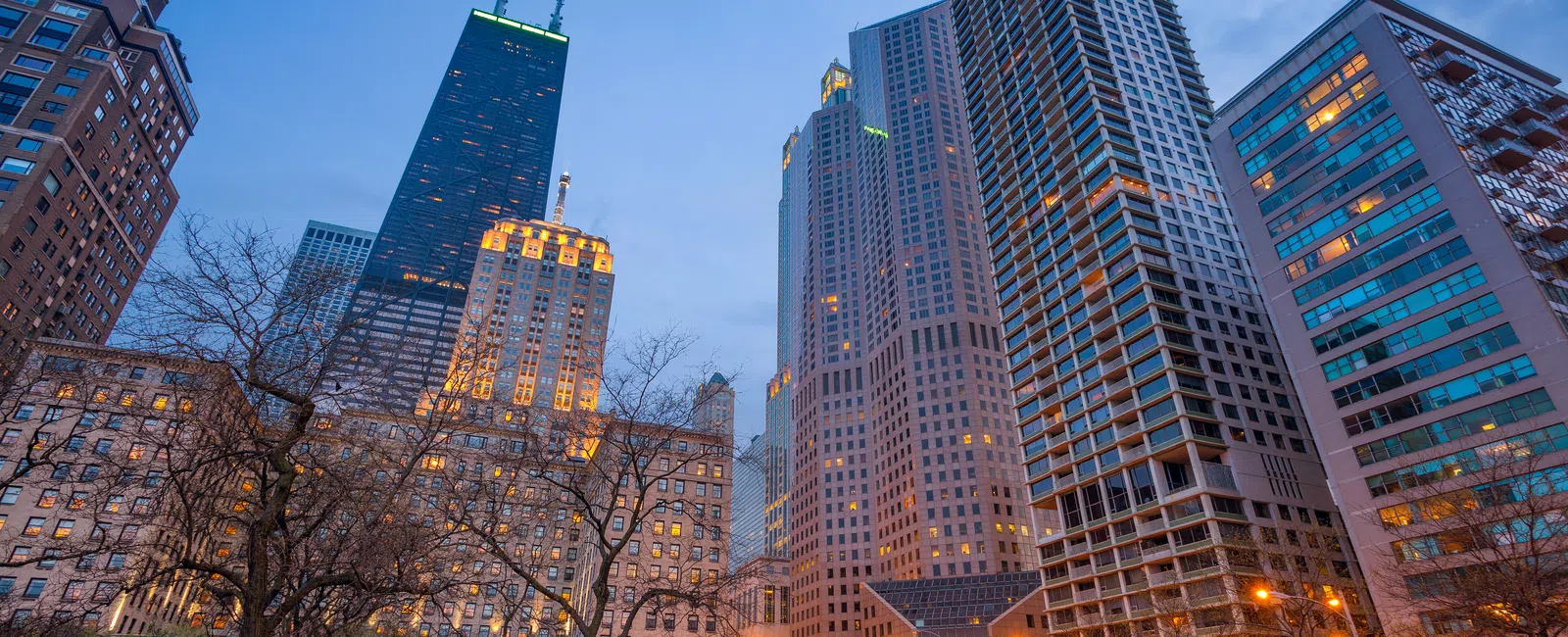 Evening cityscape with illuminated skyscrapers and bare trees in a park under a dusk blue sky.