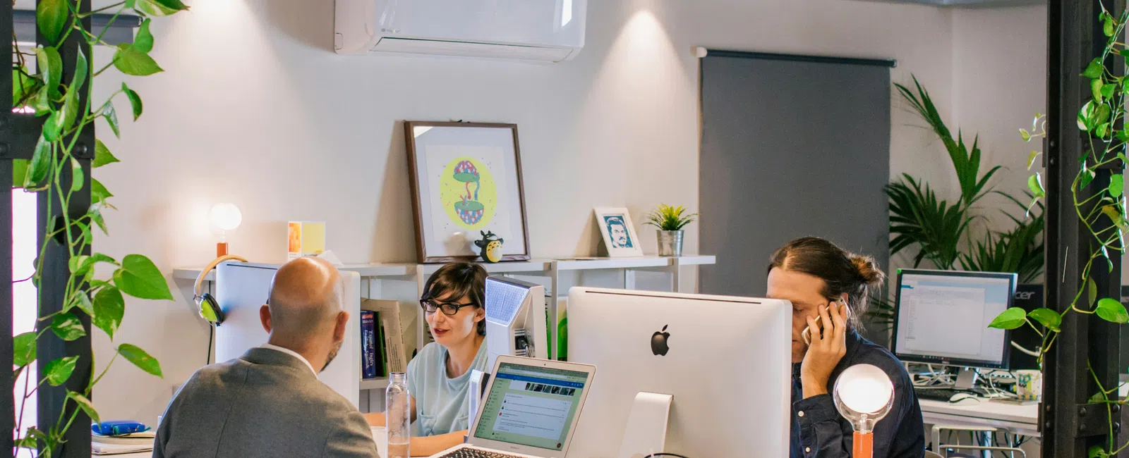 Office workers collaborating at desks with computers and greenery in a modern, bright workspace