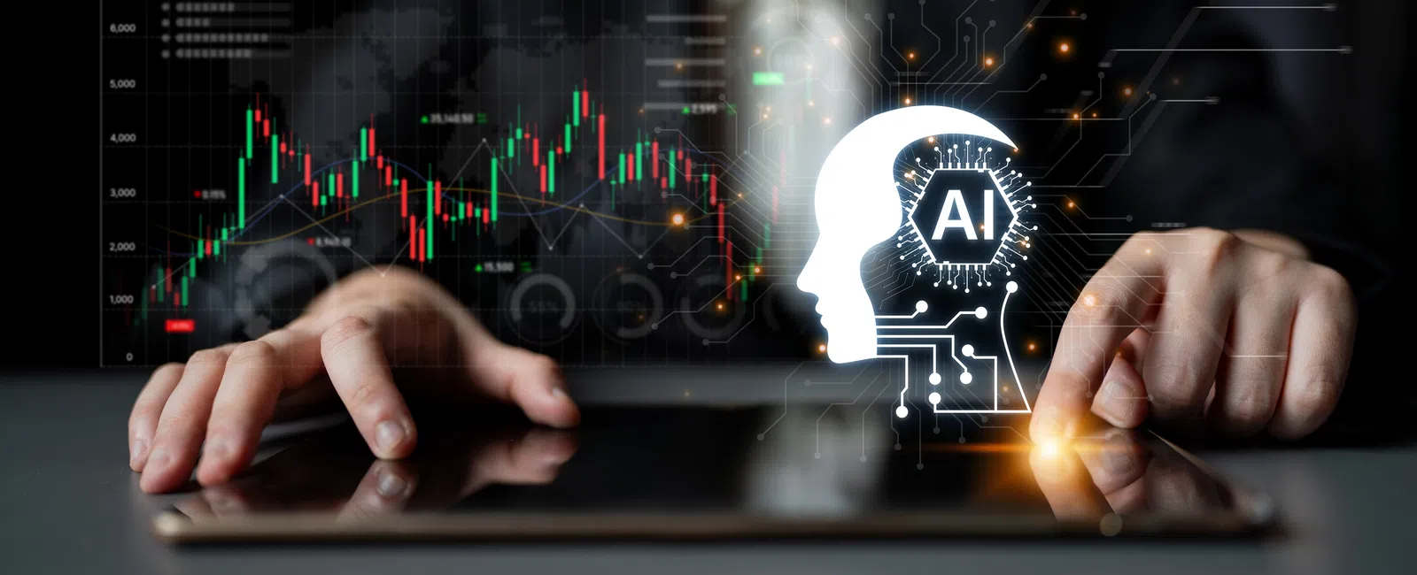 Businessman interacting with tablet displaying AI digital head and financial stock market graphs.