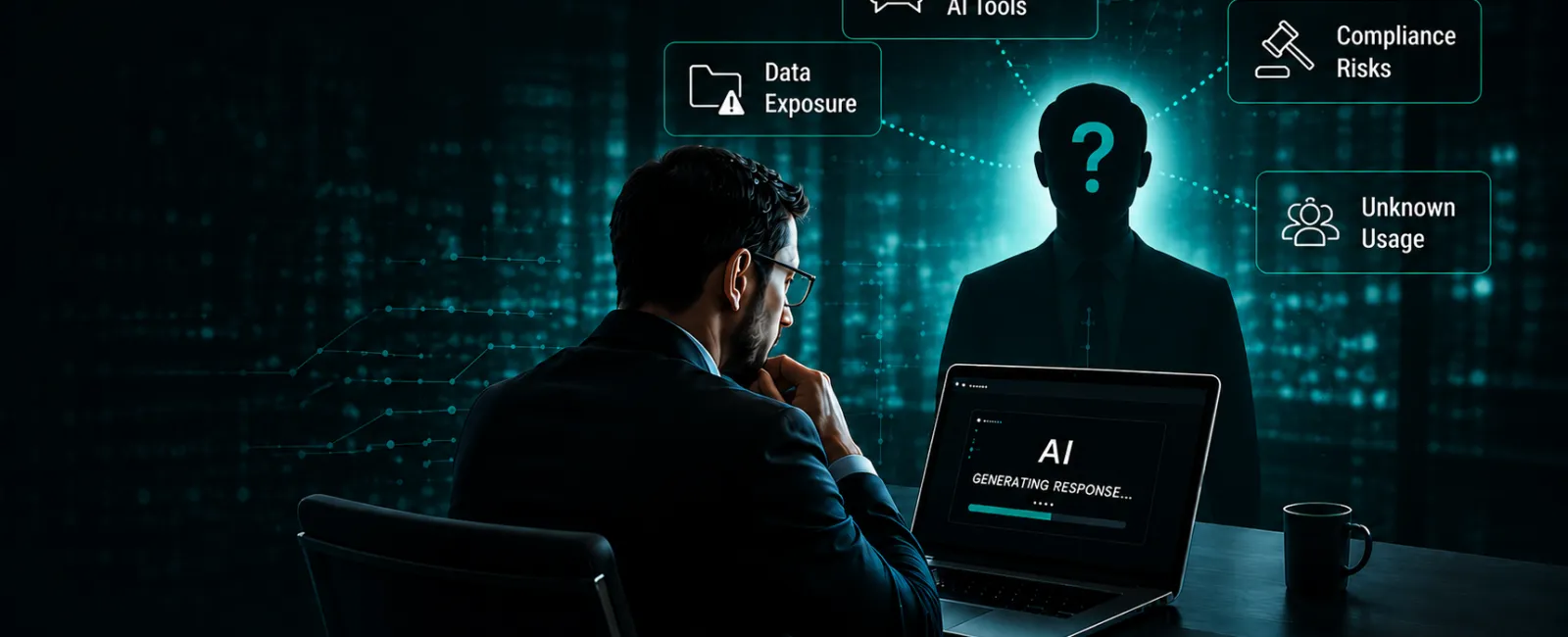 Businessman analyzing AI risks including data exposure, compliance, and unapproved tools on laptop screen in dark office.