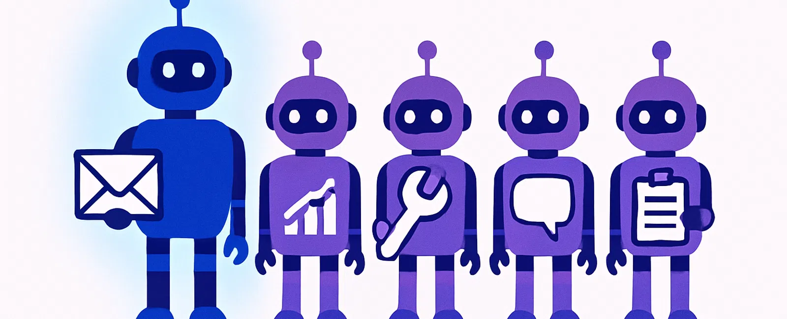 Row of five colorful robots holding icons for email, growth, tools, chat, and clipboard tasks.