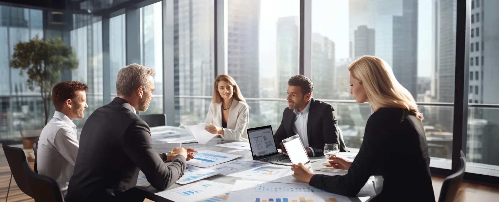 Diverse business team discussing charts and data in a modern glass office with city views during meeting.