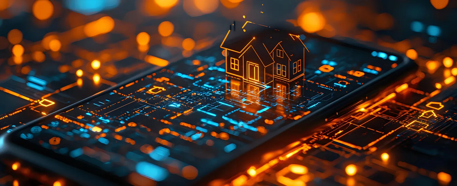 Digital house model glowing on smartphone screen with futuristic circuit board background and blue orange lights.