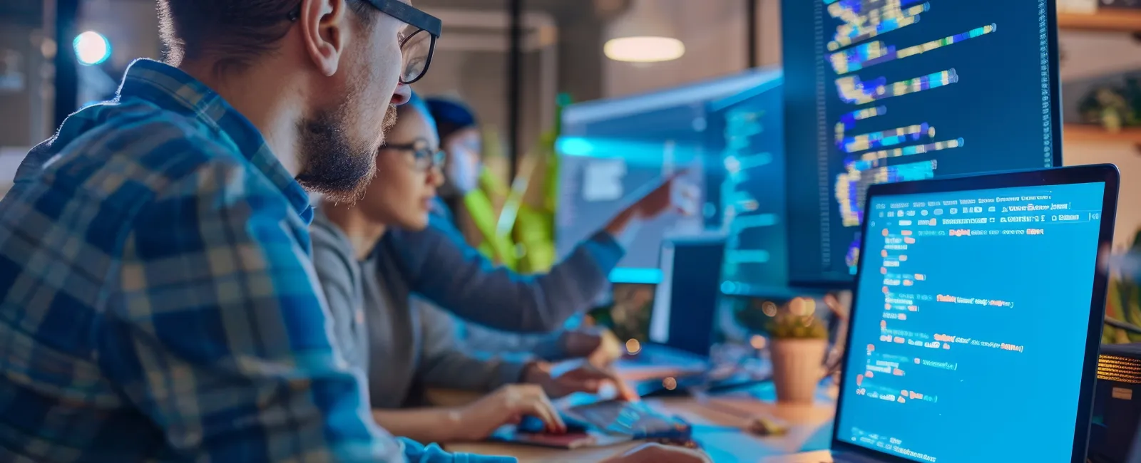 Programmers collaborating while coding on multiple screens in an office environment at night