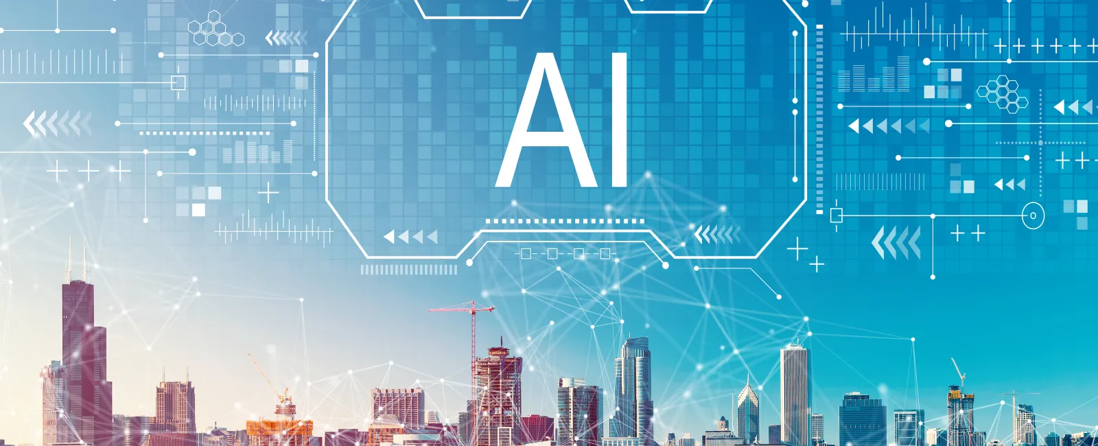 City skyline with digital network overlay and AI text symbolizing artificial intelligence technology integration.