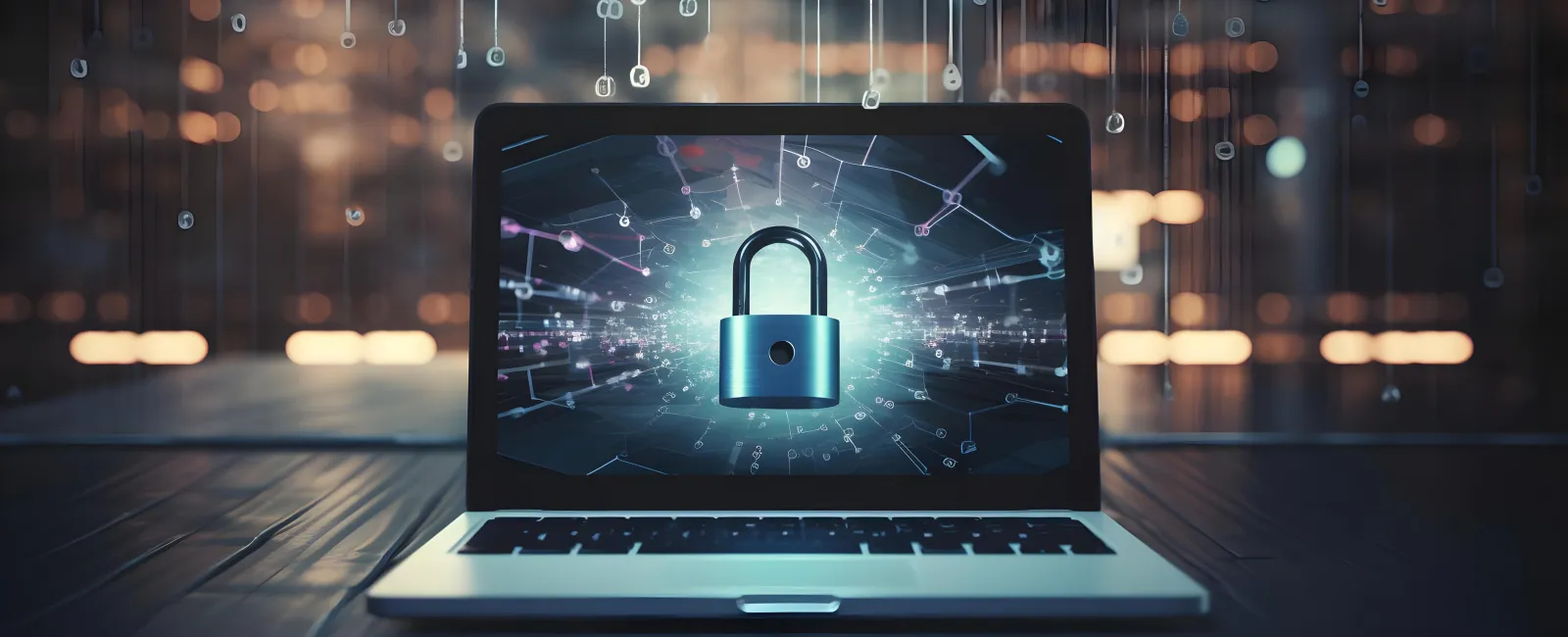 Laptop with a glowing padlock on screen symbolizing cybersecurity and data protection technology.