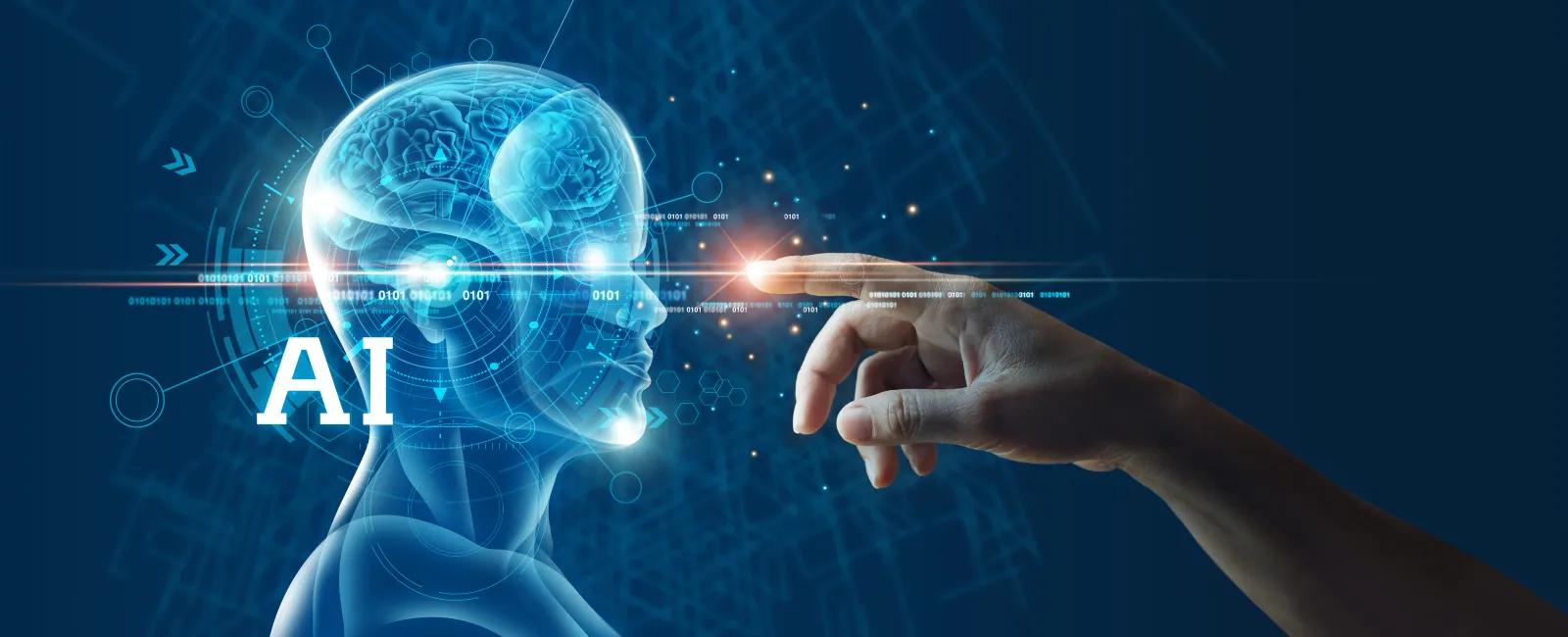 Human hand reaching out to a glowing digital AI head with brain and data connections on blue background