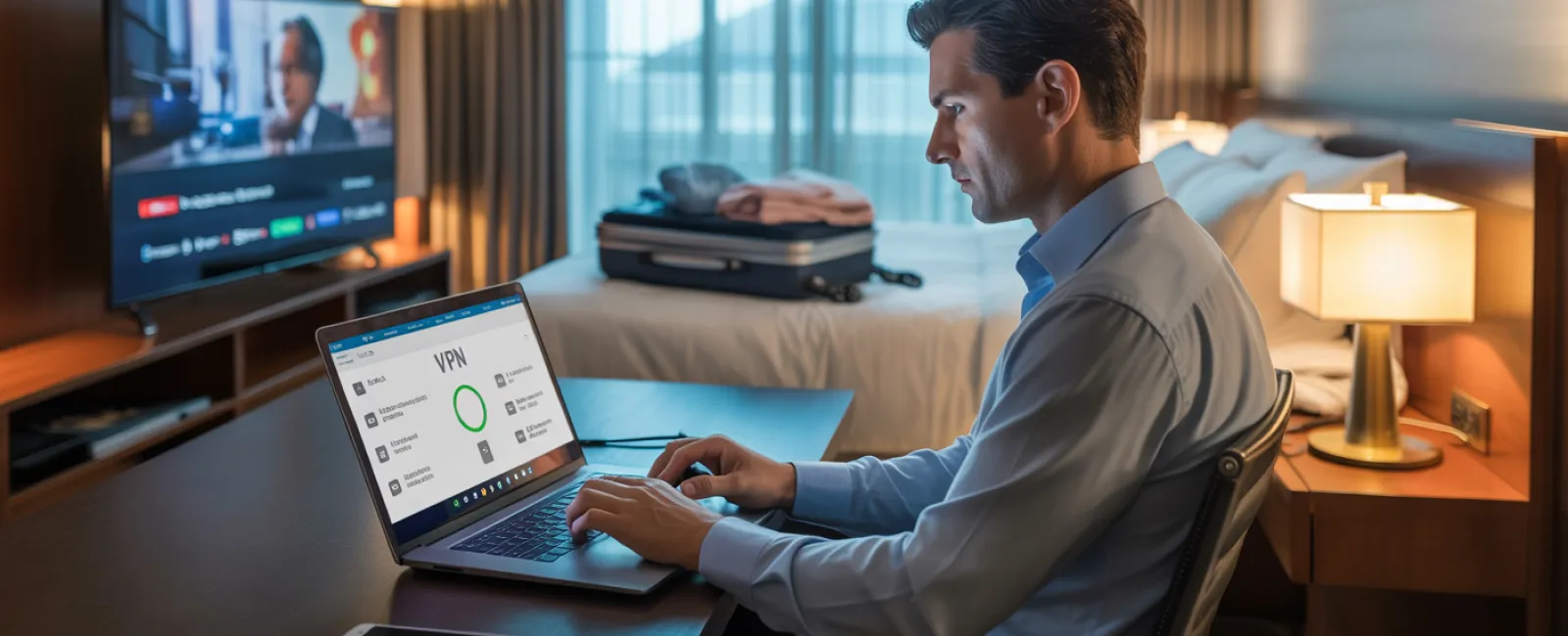 Man in a hotel room using a laptop with VPN software for secure internet while preparing to travel.