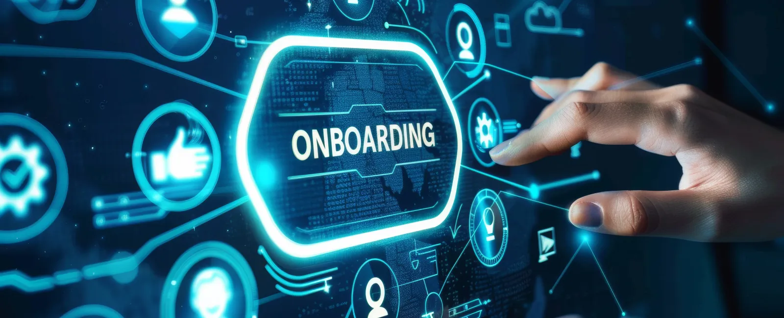 Person interacting with a digital interface displaying onboarding and connected business icons in blue light
