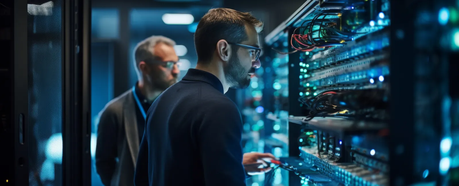 Two male IT professionals working on network servers in a dimly lit data center with blue lights.