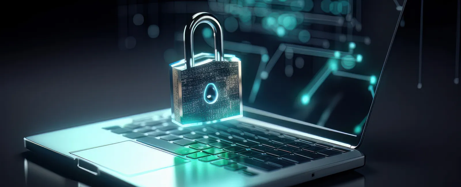 3D lock icon glowing on laptop keyboard symbolizing cybersecurity and data protection on digital devices.