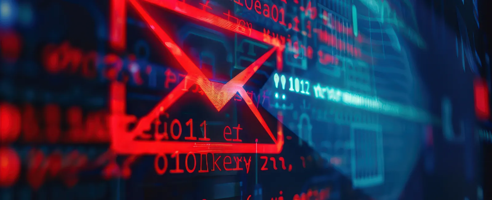 Red digital envelope icon overlaid with red code lines on a dark blue cybersecurity background