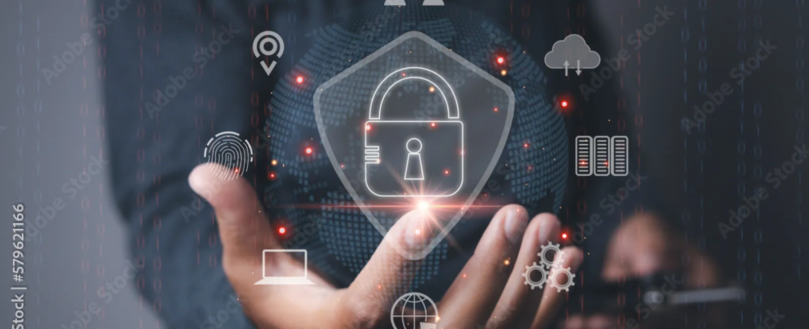 Person holding digital lock icon surrounded by cybersecurity and data protection symbols in virtual space.