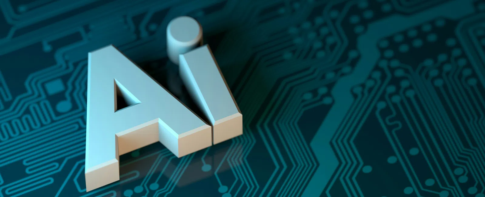 3D letters AI on a blue circuit board background symbolizing artificial intelligence technology.