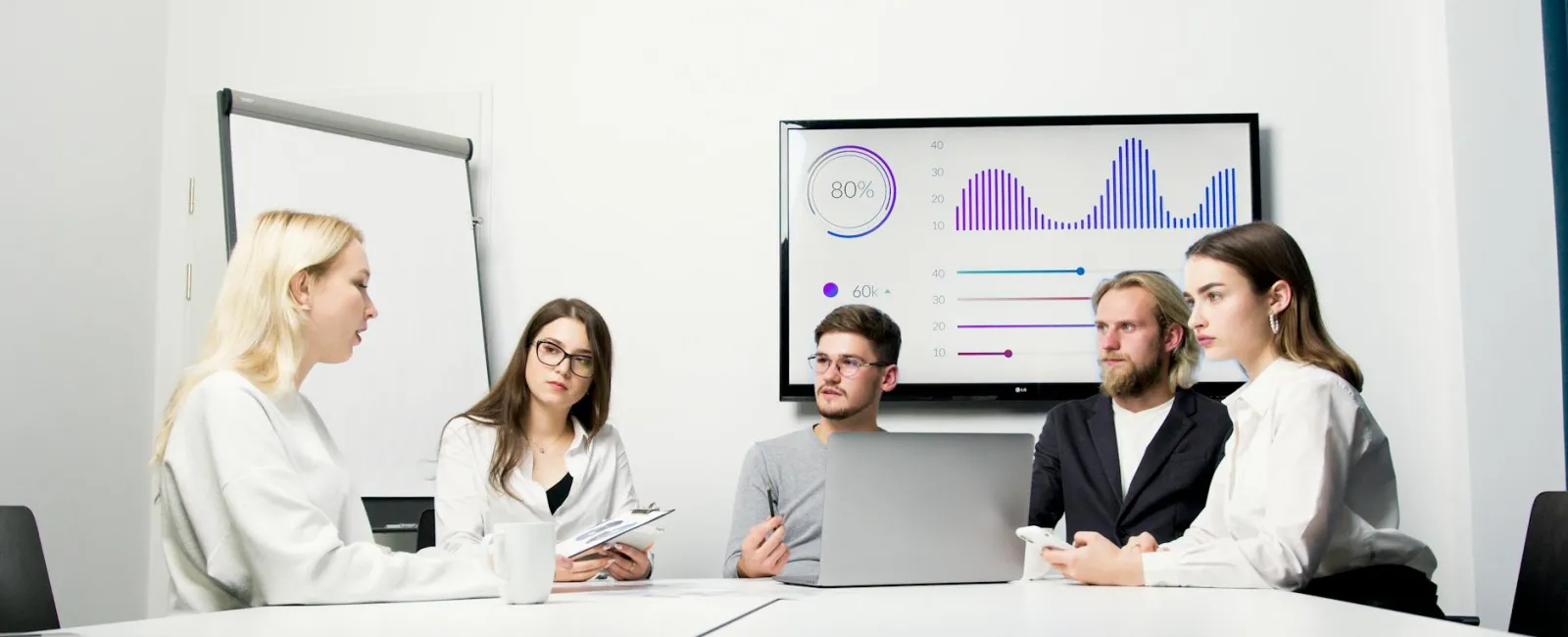 Team of five professionals in a meeting room discussing data charts displayed on a screen.
