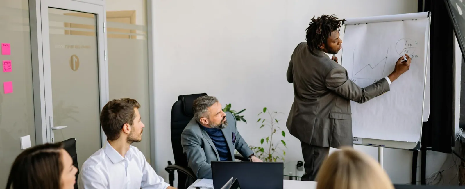 Business team engaged in a meeting as a man presents data and graphs on a flip chart in a modern office.