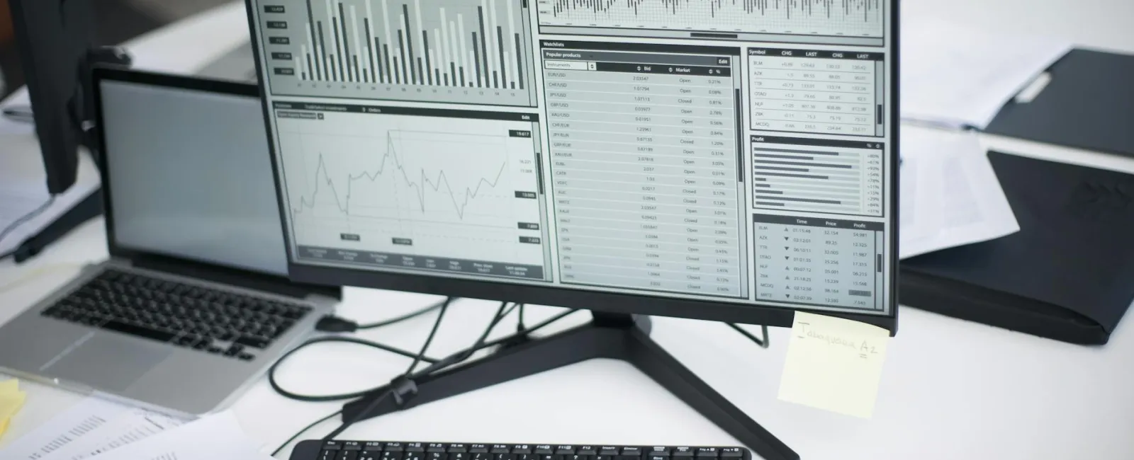 Computer monitor on desk displaying charts, graphs, and data with keyboard and laptop nearby in office setting.