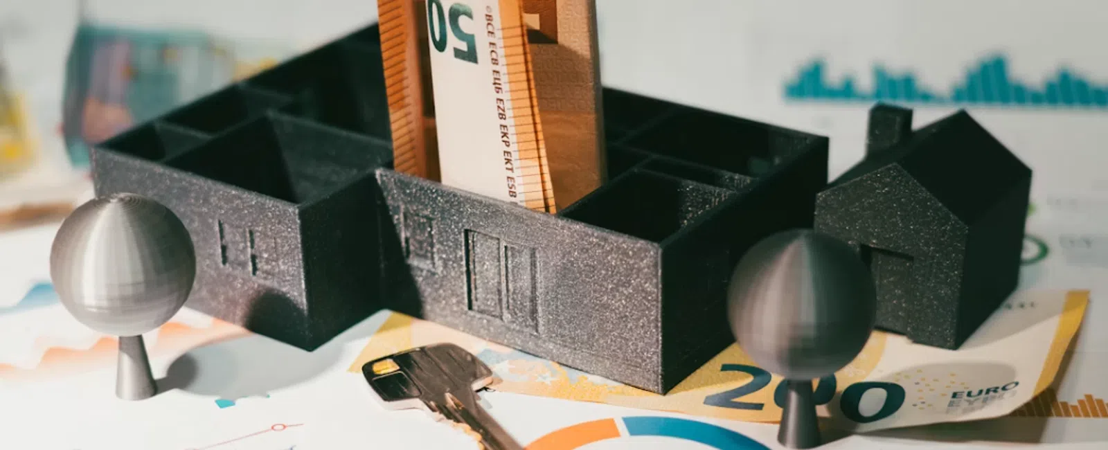 Model houses with euro banknotes, a key, and financial charts illustrating real estate investment concepts.