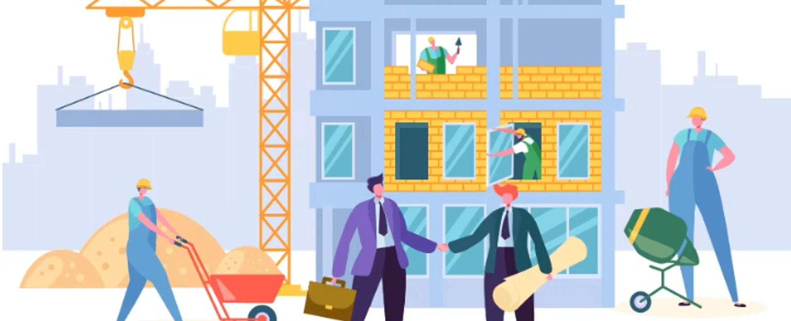 Construction site with workers, crane, building under construction, and two professionals shaking hands in foreground