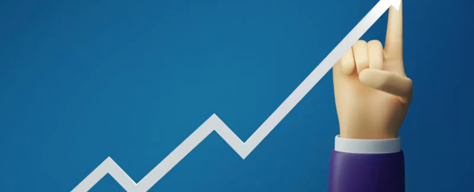 3D hand in purple sleeve pointing upward on a white ascending arrow graph against a blue background