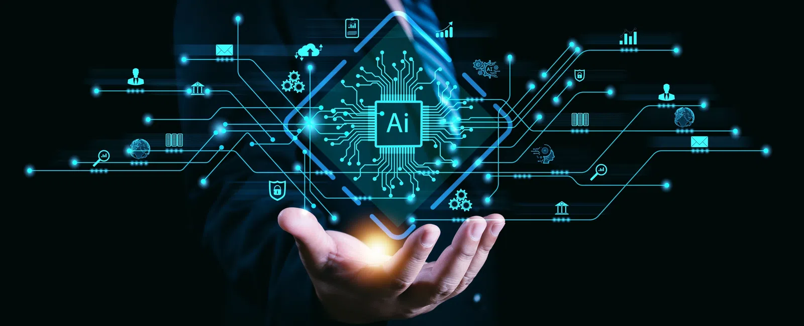 Businessman holding glowing AI chip graphic with interconnected digital technology icons on dark background