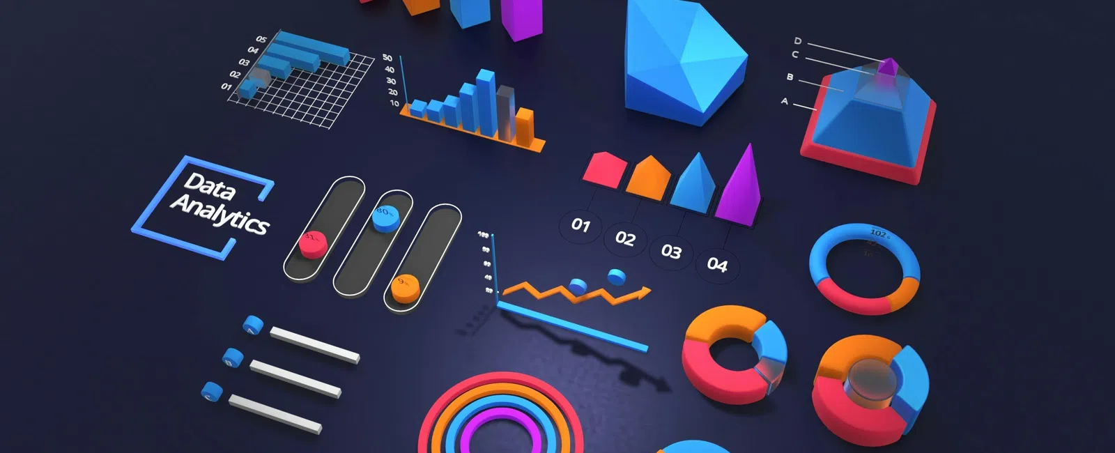 3D data analytics dashboard with colorful charts, graphs, and pie charts on dark background.