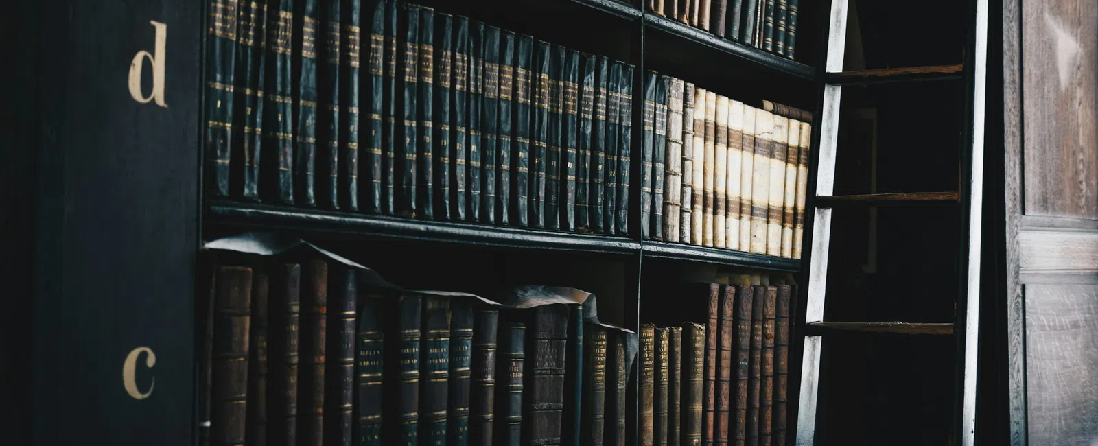 Rows of old leather-bound books on dark wooden shelves with a wooden ladder nearby in a dimly lit library.